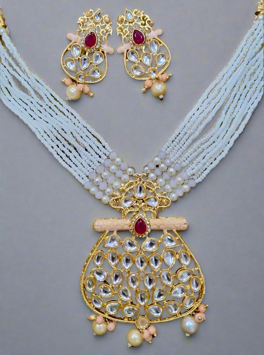 Gold Plated Pearl Necklace Set featuring matching earrings